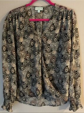 Veronica M Black and Cream Abstract Pebble-Print Long-Sleeve Blouse